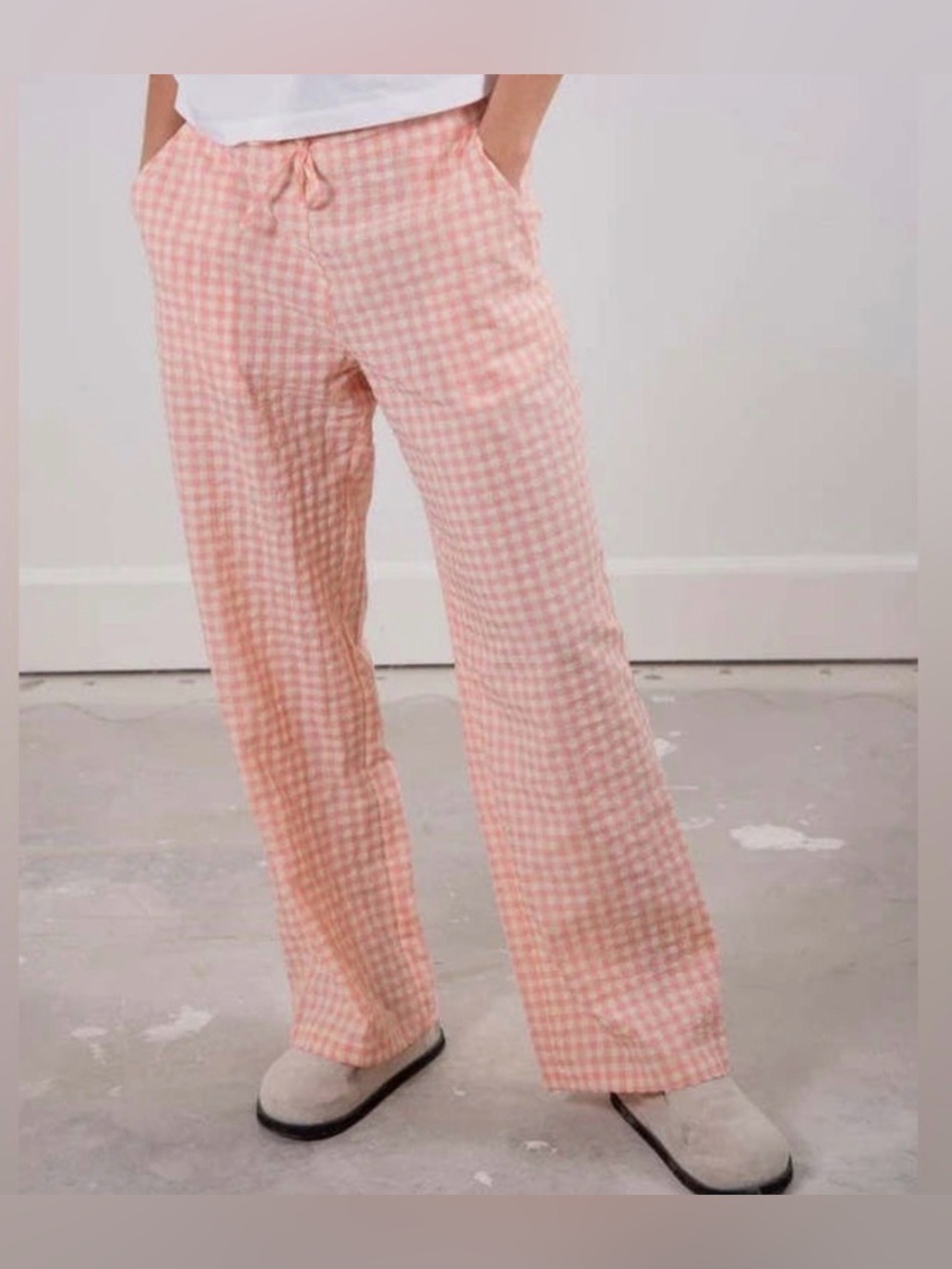 Sonderhaus Perfect Pants Pink & White Gingham Relaxed Fit Cotton Pants Size XS